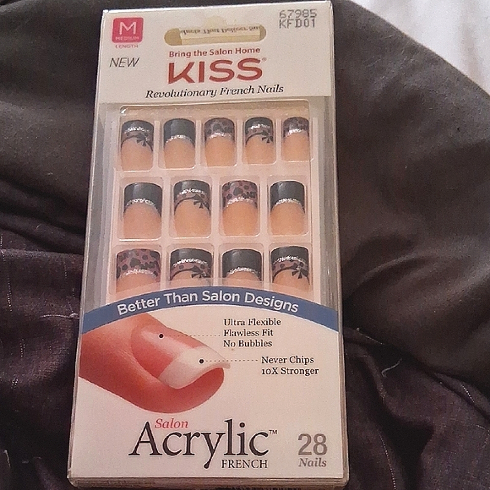 KISS Salon Acrylic French Nails with Black and Pink Leopard Design